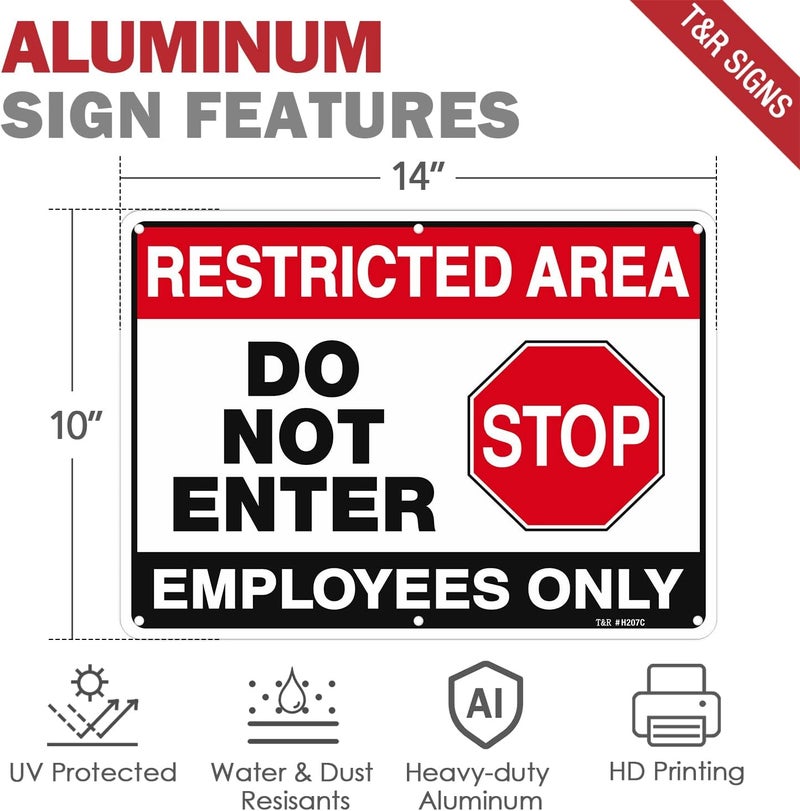 TR Large Restricted Area Do Not Enter Employees Only Sign - 4 Pack - 14 x 10 Inches Rust Free .040 Aluminum - UV Protected, Waterproof, Weatherproof and Fade Resistant - 6 Pre-drilled Holes - Image 2